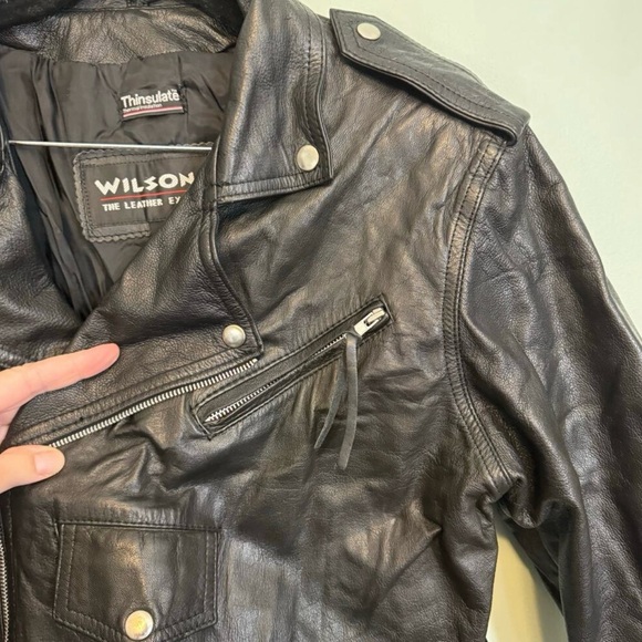 VTG Wilsons Leather Jacket Women L Black Cropped Moto
Biker Buckle Belt Full Zip - Picture 5 of 9